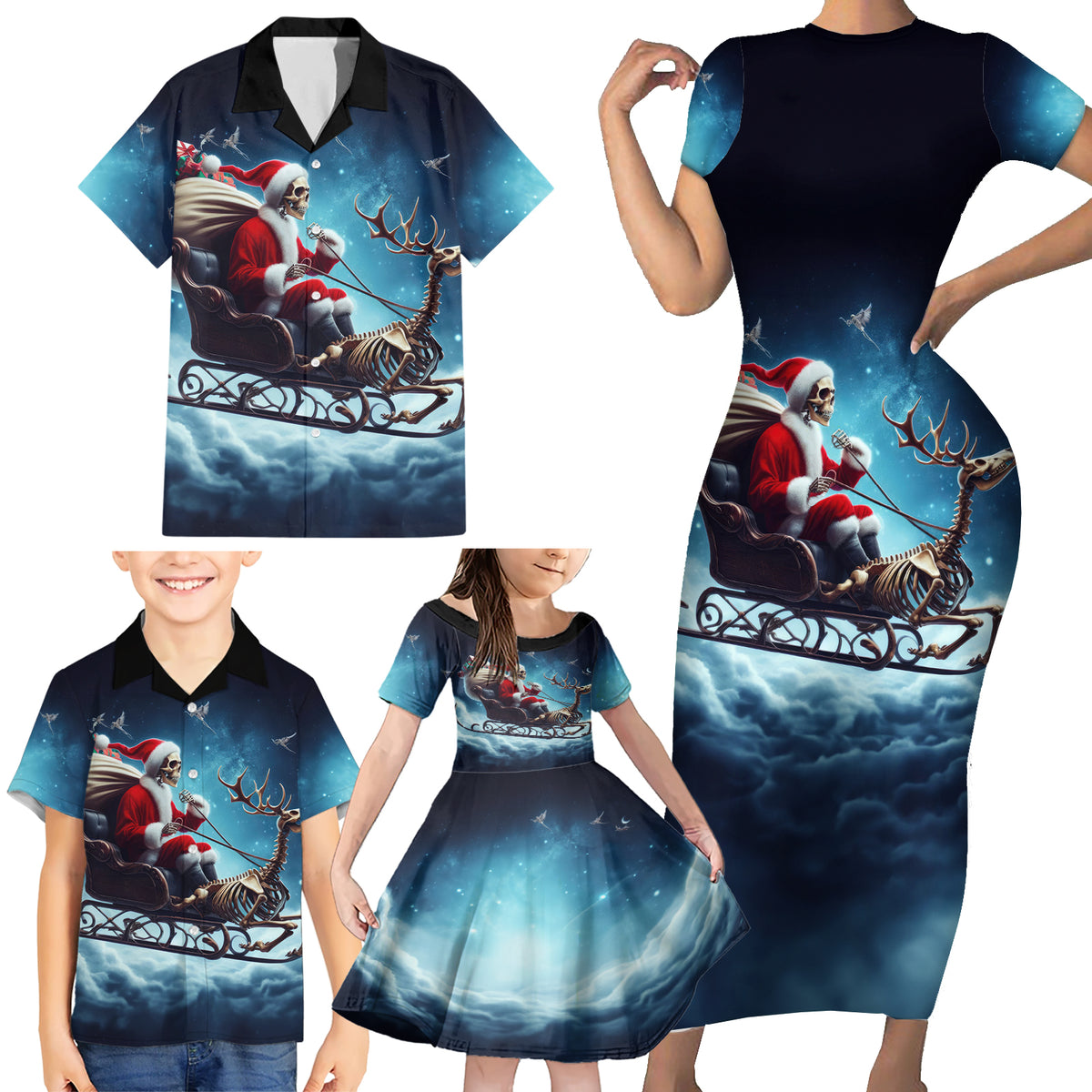 Skeleton Santa Claus Family Matching Short Sleeve Bodycon Dress and Hawaiian Shirt Santa Claus Is Coming To Town - Wonder Print Shop