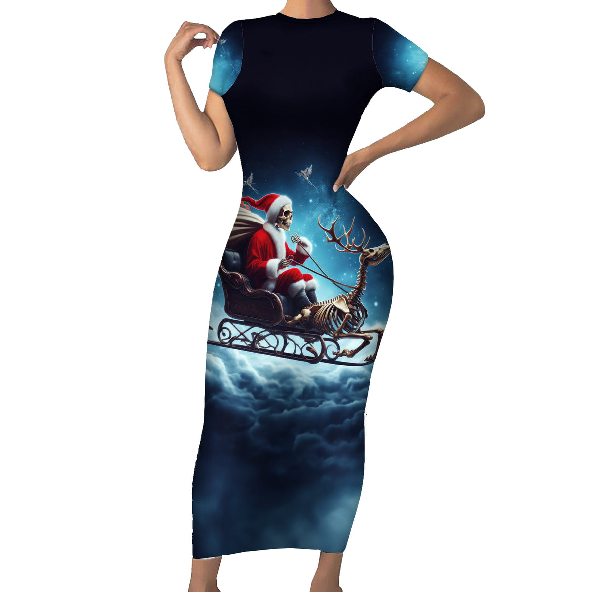 Skeleton Santa Claus Family Matching Short Sleeve Bodycon Dress and Hawaiian Shirt Santa Claus Is Coming To Town - Wonder Print Shop