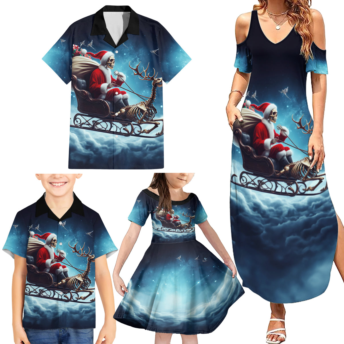 Skeleton Santa Claus Family Matching Summer Maxi Dress and Hawaiian Shirt Santa Claus Is Coming To Town - Wonder Print Shop