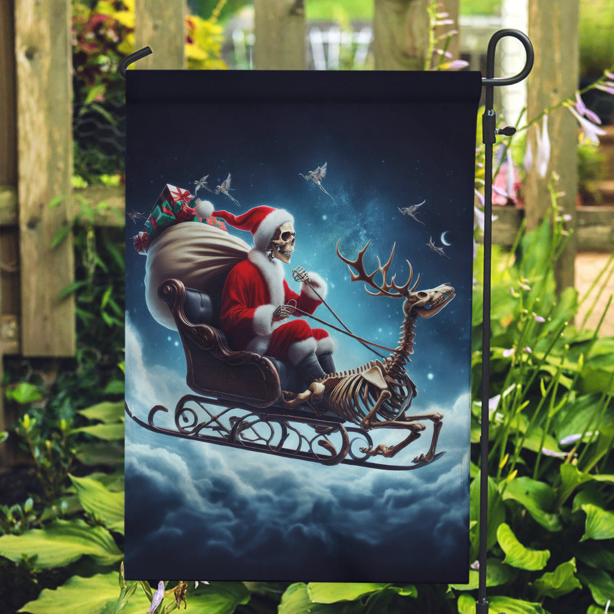 Skeleton Santa Claus Garden Flag Santa Claus Is Coming To Town - Wonder Print Shop