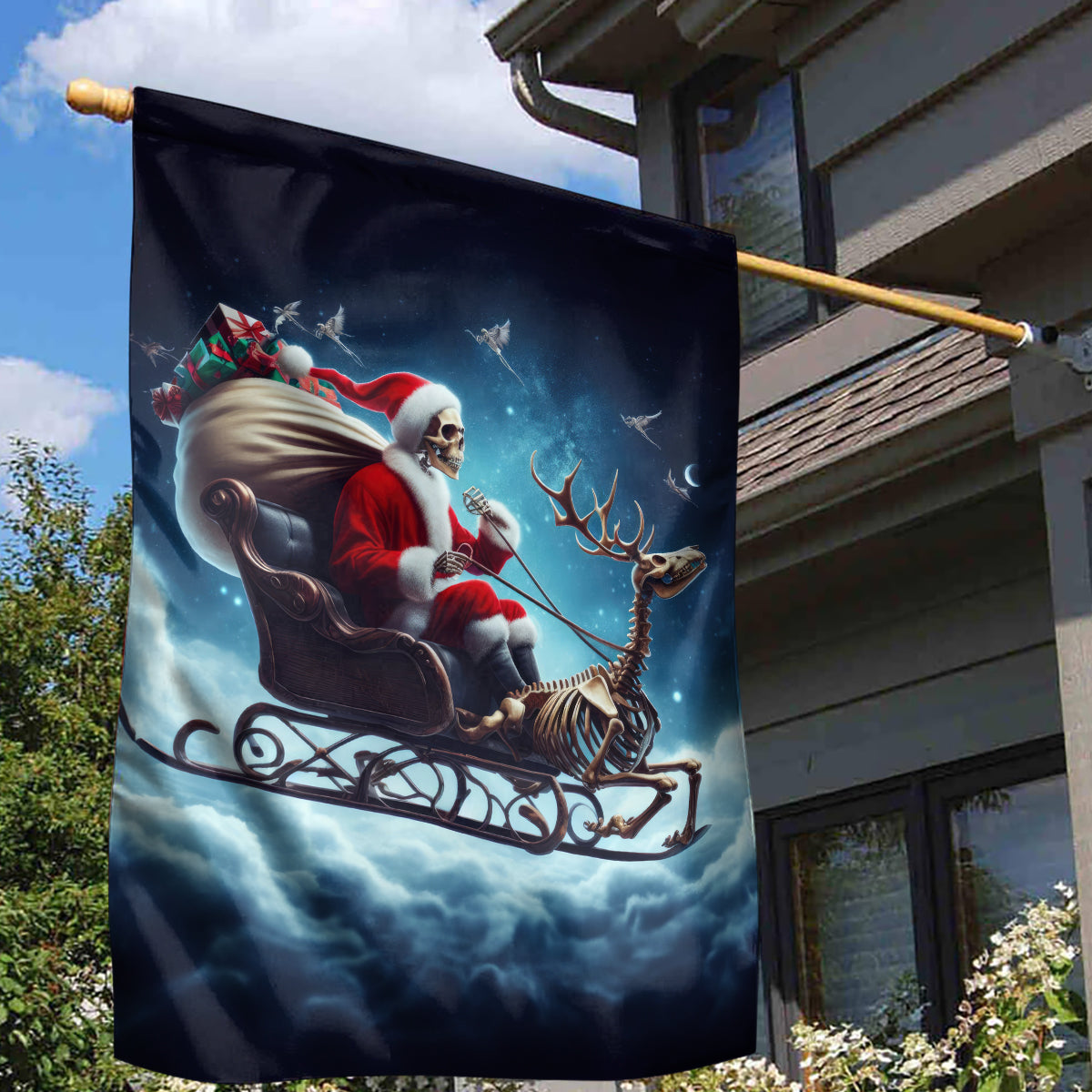 Skeleton Santa Claus Garden Flag Santa Claus Is Coming To Town - Wonder Print Shop