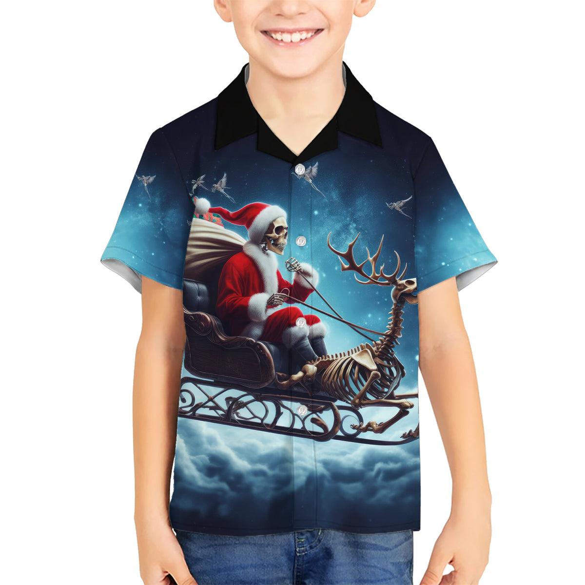 Skeleton Santa Claus Kid Hawaiian Shirt Santa Claus Is Coming To Town - Wonder Print Shop