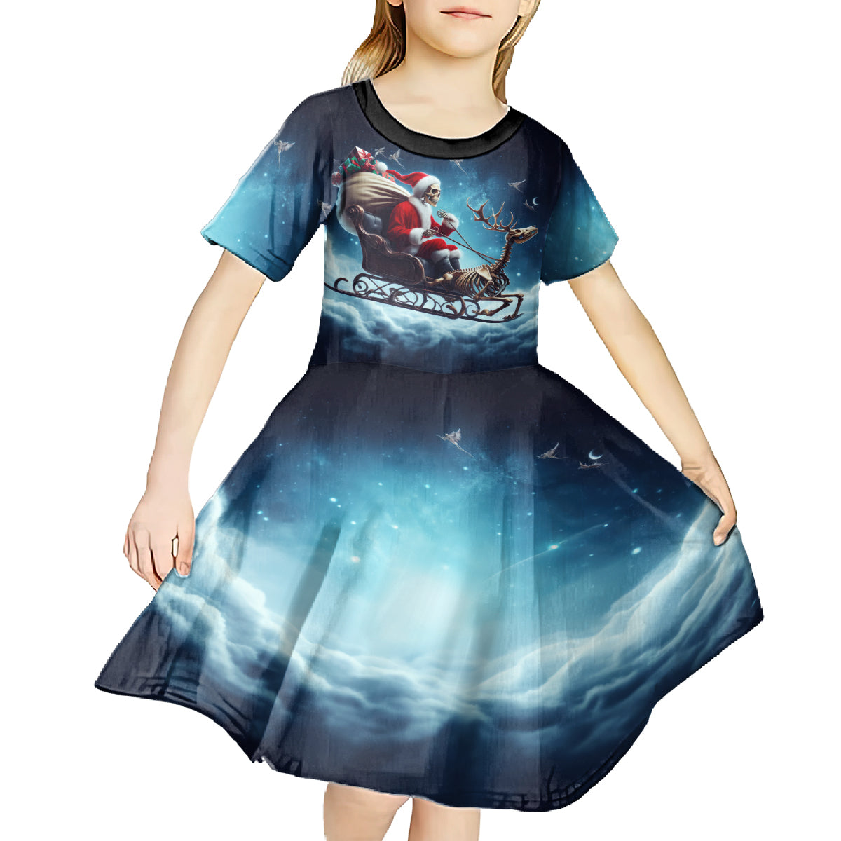 Skeleton Santa Claus Kid Short Sleeve Dress Santa Claus Is Coming To Town - Wonder Print Shop