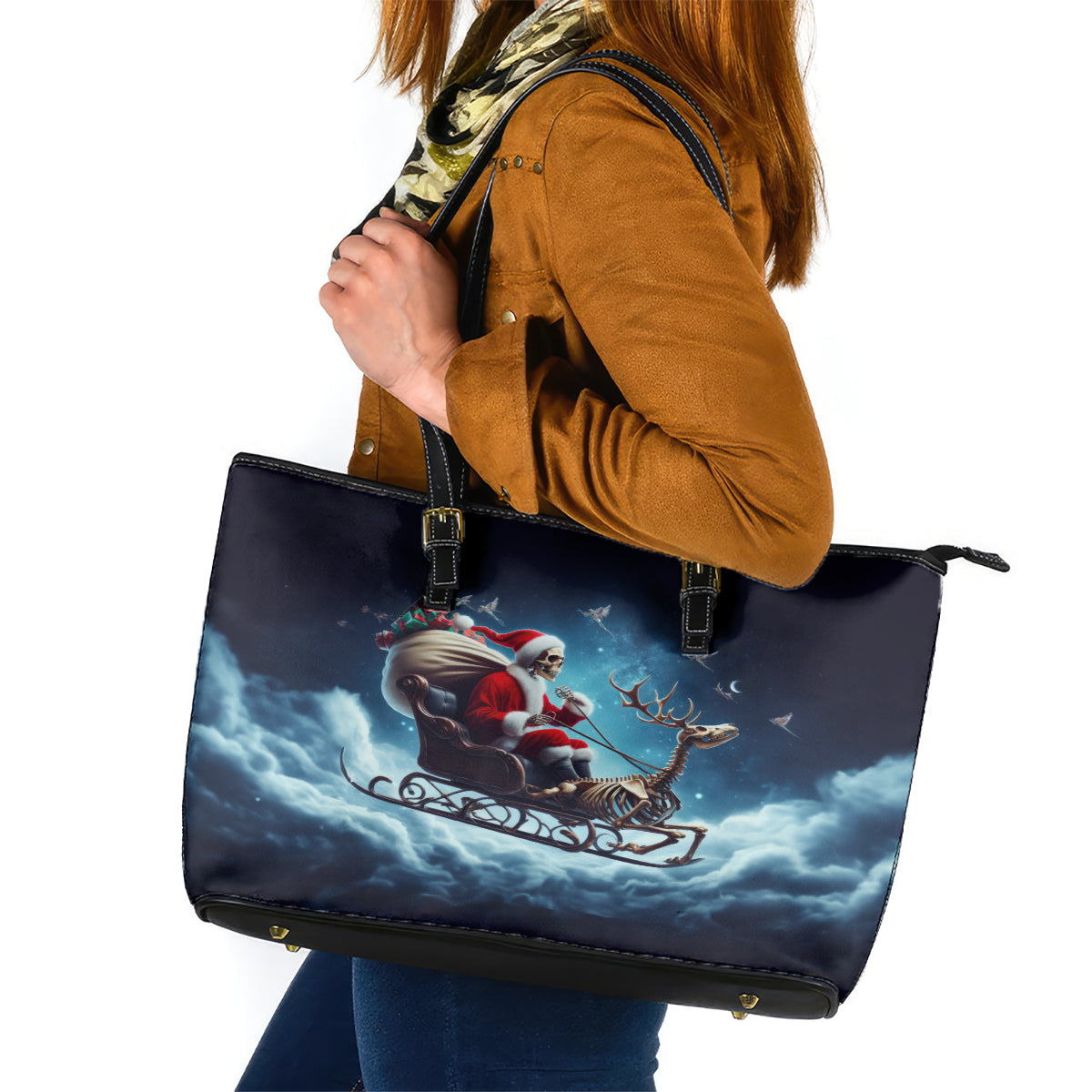 Skeleton Santa Claus Leather Tote Bag Santa Claus Is Coming To Town - Wonder Print Shop
