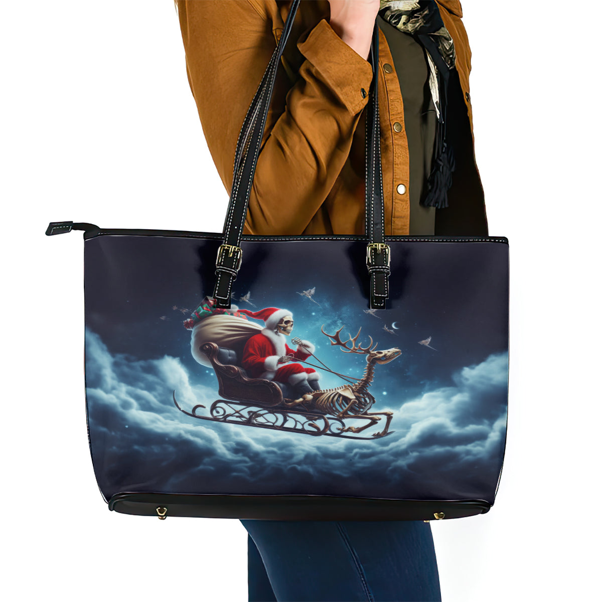 Skeleton Santa Claus Leather Tote Bag Santa Claus Is Coming To Town - Wonder Print Shop
