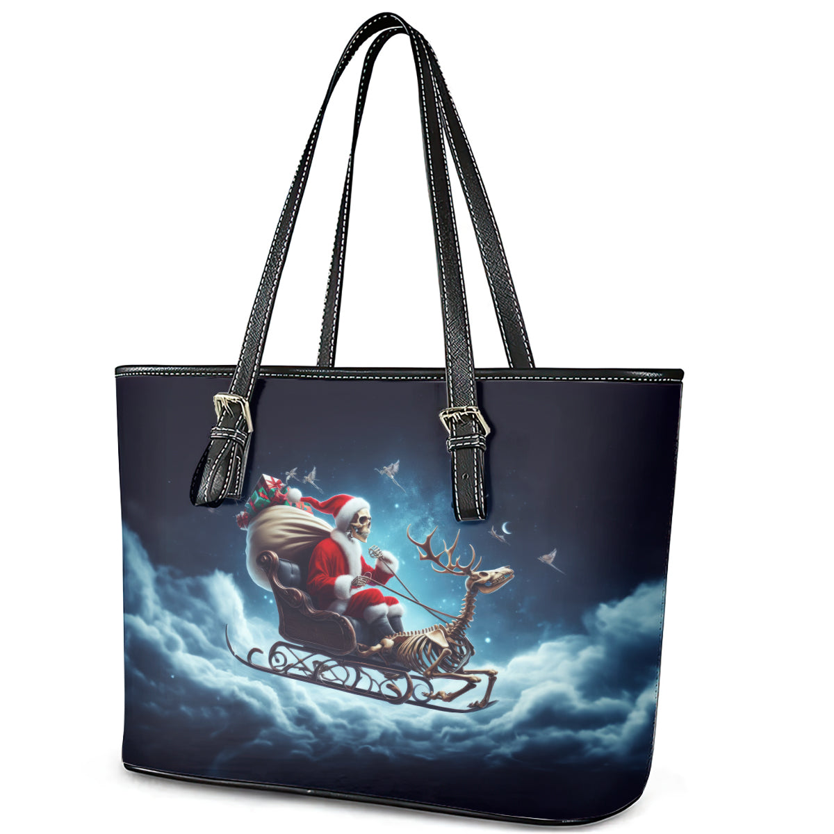 Skeleton Santa Claus Leather Tote Bag Santa Claus Is Coming To Town - Wonder Print Shop