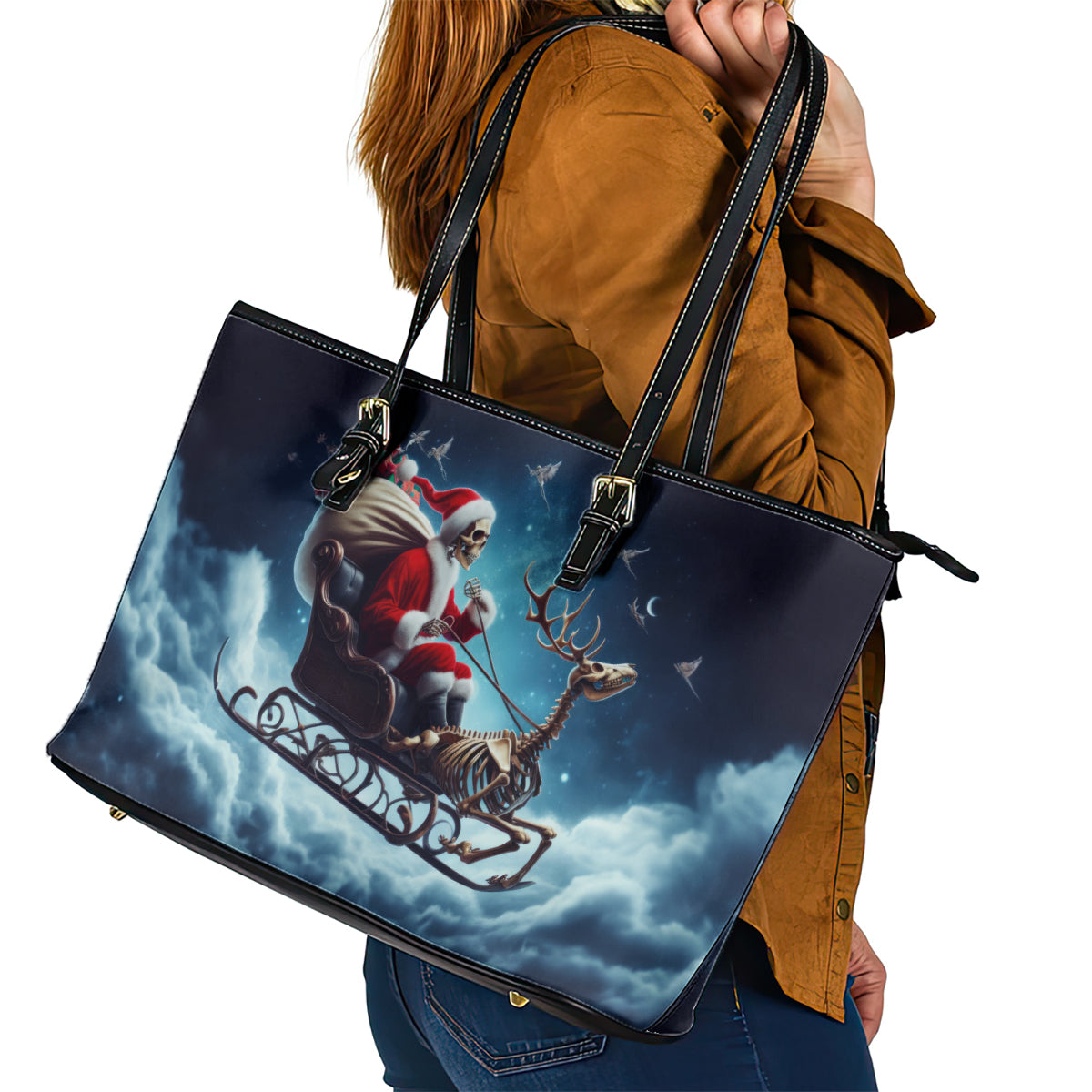 Skeleton Santa Claus Leather Tote Bag Santa Claus Is Coming To Town - Wonder Print Shop