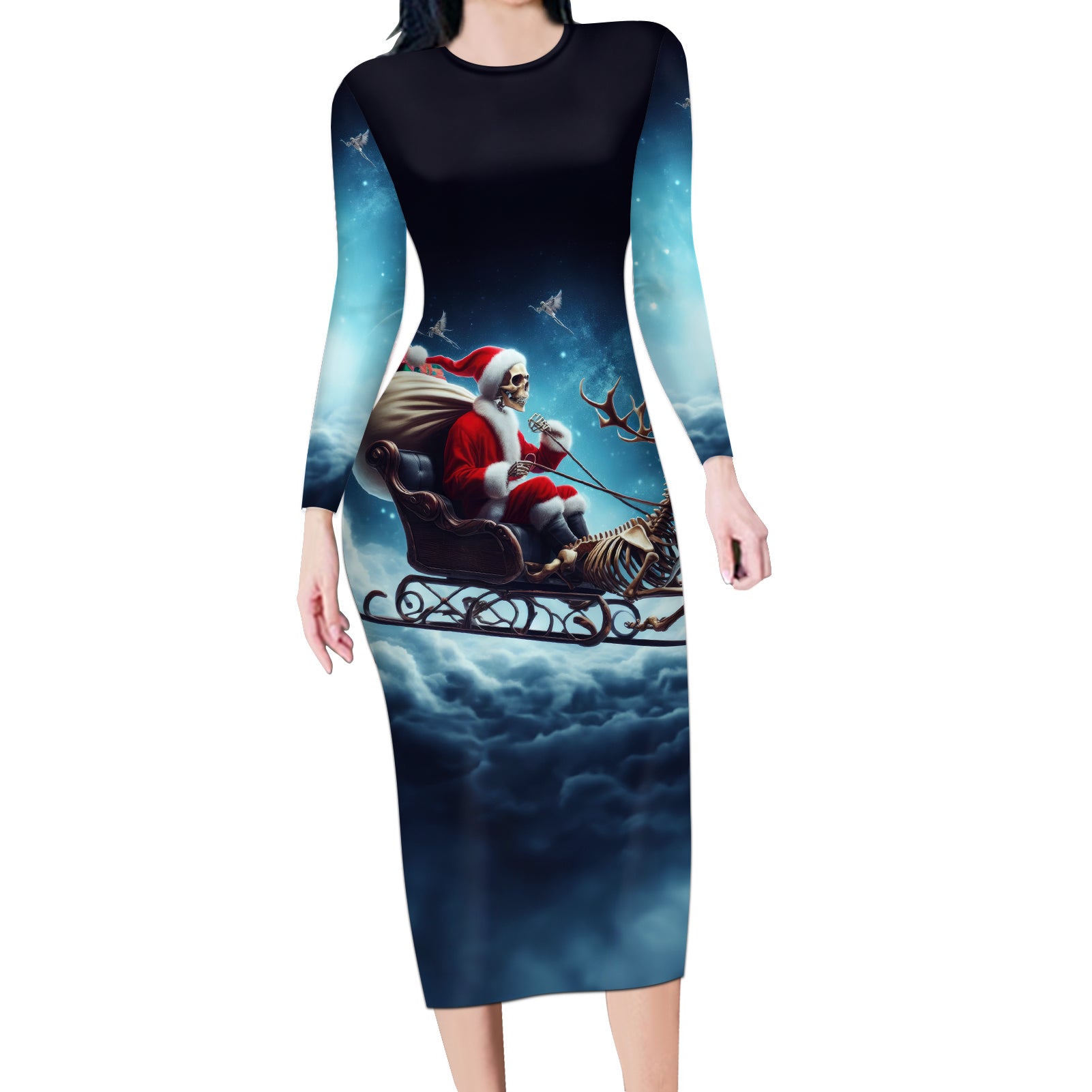 Skeleton Santa Claus Long Sleeve Bodycon Dress Santa Claus Is Coming To Town - Wonder Print Shop