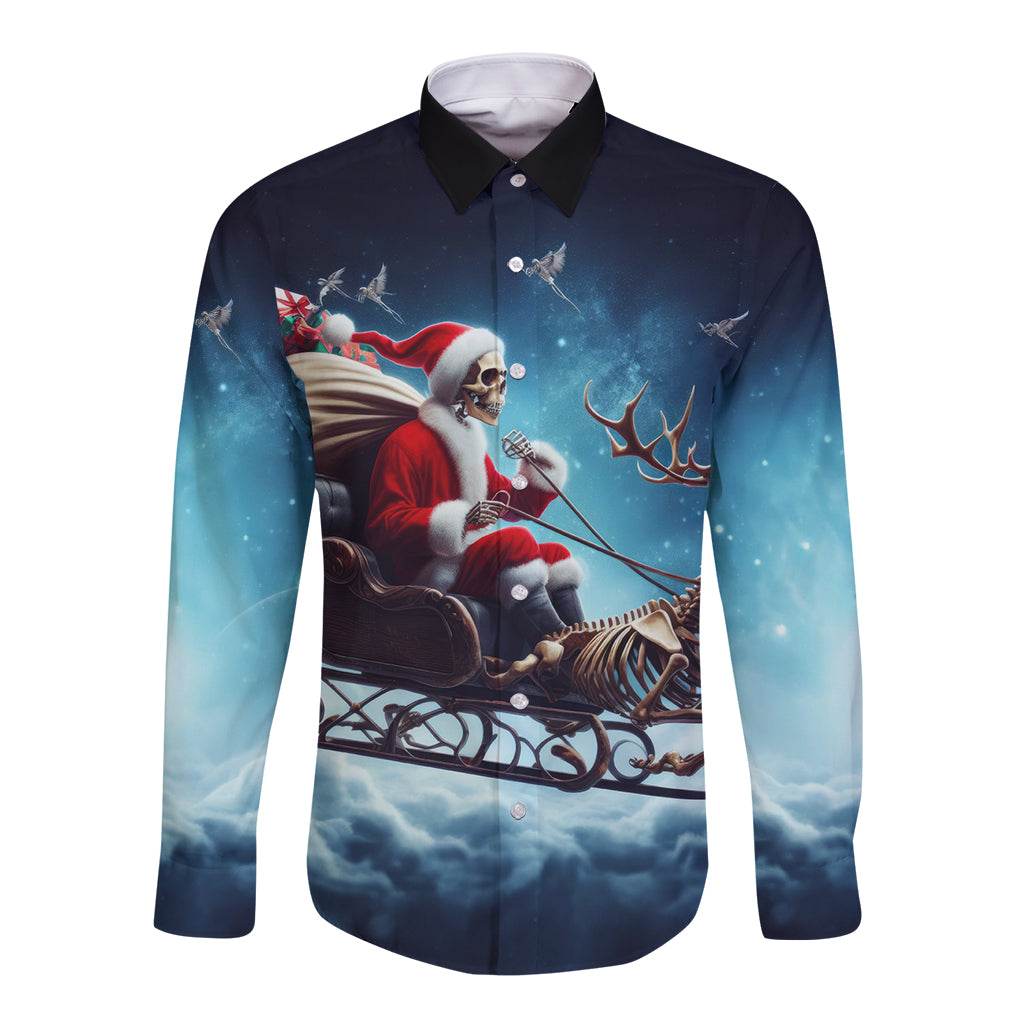Skeleton Santa Claus Long Sleeve Button Shirt Santa Claus Is Coming To Town - Wonder Print Shop