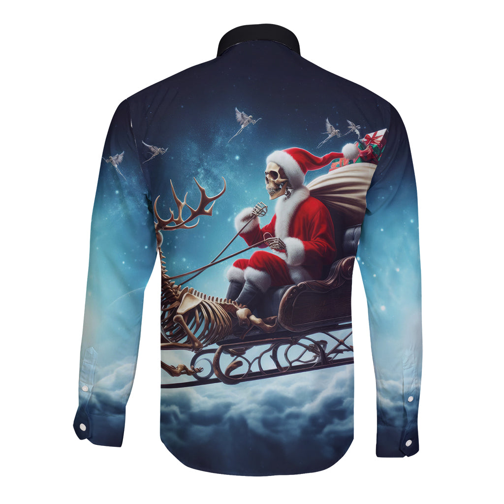 Skeleton Santa Claus Long Sleeve Button Shirt Santa Claus Is Coming To Town - Wonder Print Shop