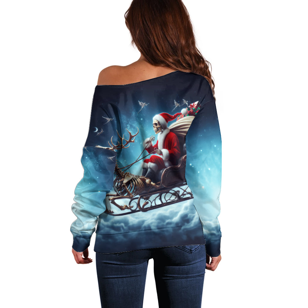 Skeleton Santa Claus Off Shoulder Sweater Santa Claus Is Coming To Town - Wonder Print Shop