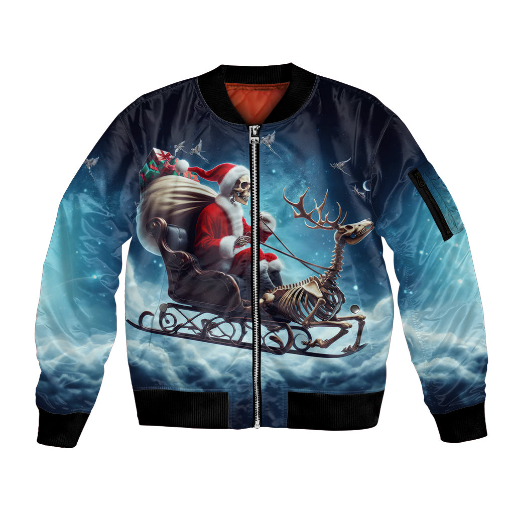 Skeleton Santa Claus Sleeve Zip Bomber Jacket Santa Claus Is Coming To Town - Wonder Print Shop