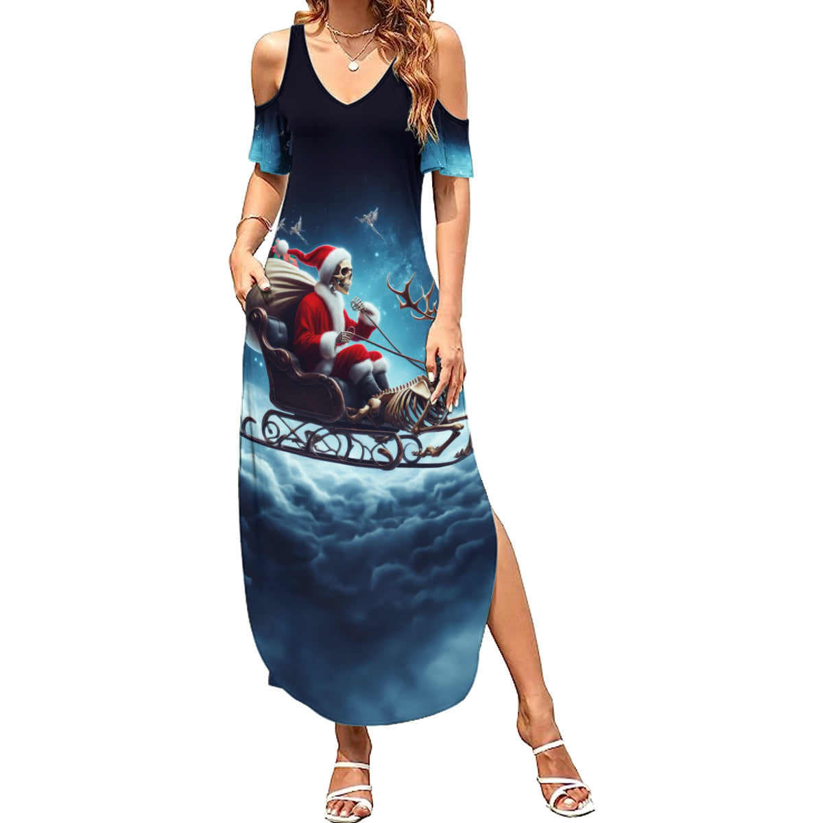 Skeleton Santa Claus Summer Maxi Dress Santa Claus Is Coming To Town - Wonder Print Shop