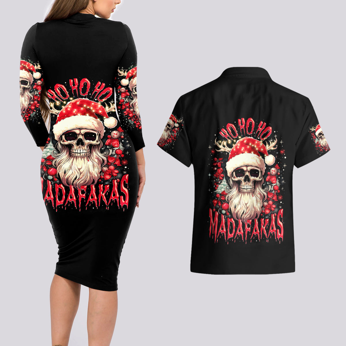 Skull Santa Claus Couples Matching Long Sleeve Bodycon Dress and Hawaiian Shirt Ho Ho Ho Madafakas - Wonder Print Shop