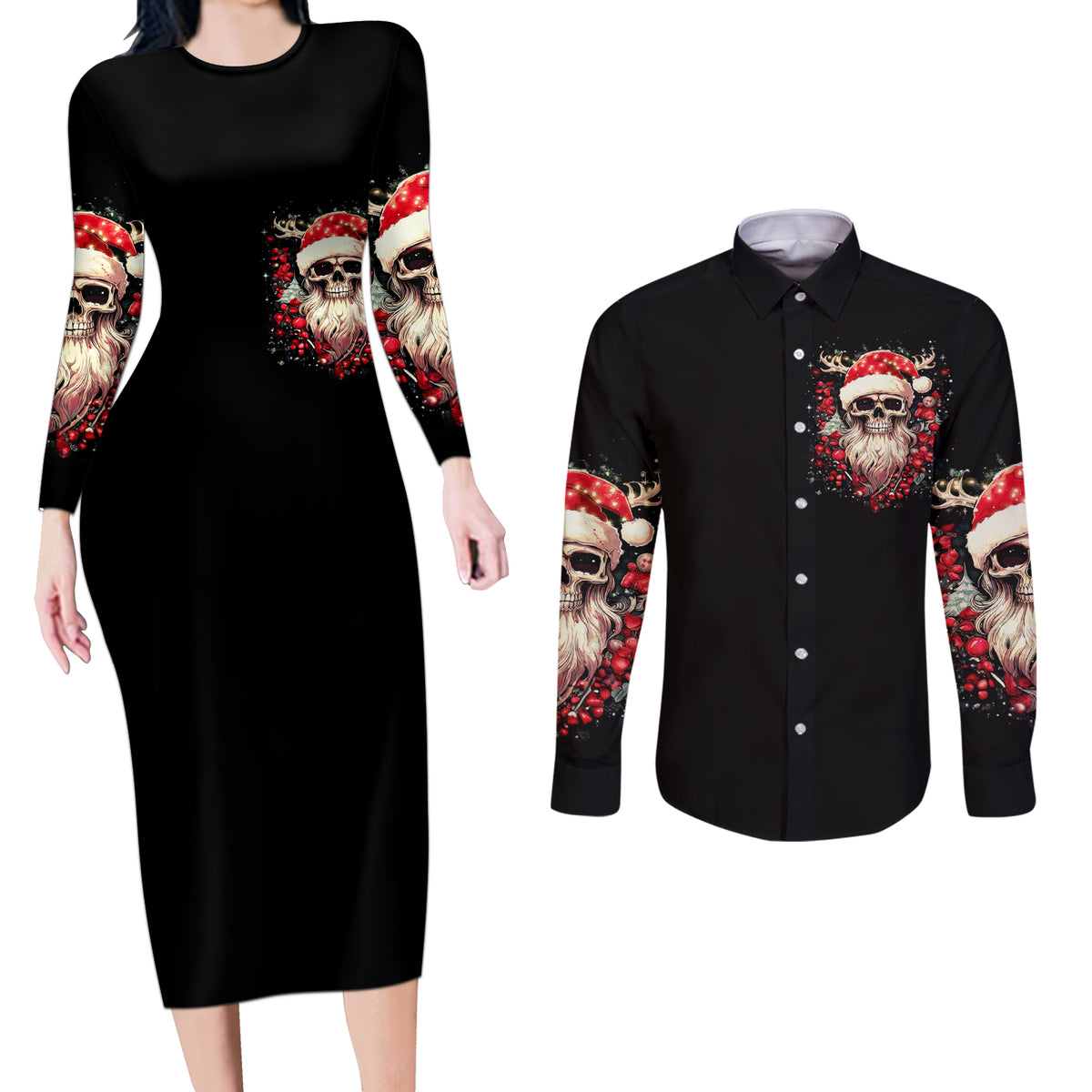 Skull Santa Claus Couples Matching Long Sleeve Bodycon Dress and Long Sleeve Button Shirt Ho Ho Ho Madafakas - Wonder Print Shop