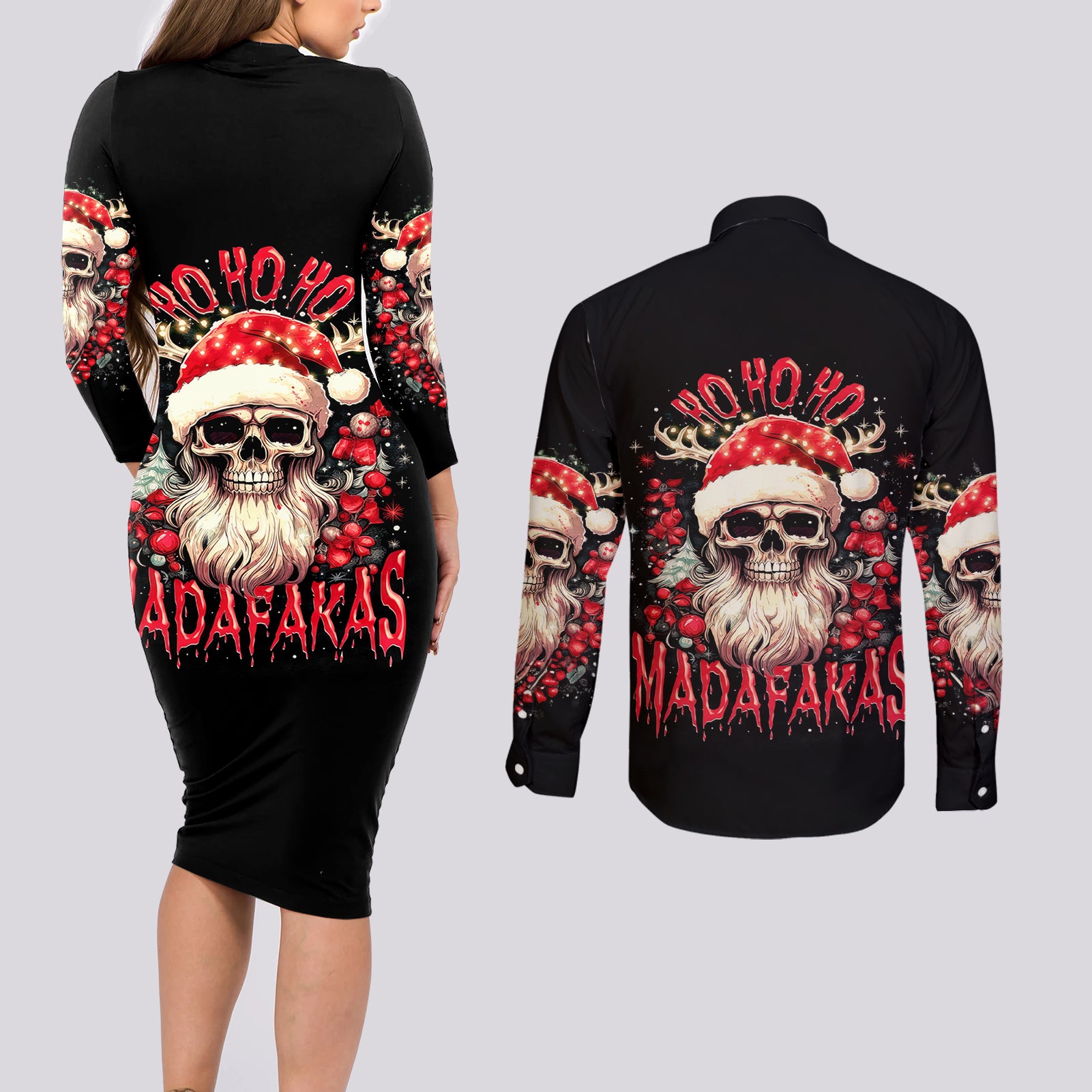 Skull Santa Claus Couples Matching Long Sleeve Bodycon Dress and Long Sleeve Button Shirt Ho Ho Ho Madafakas - Wonder Print Shop