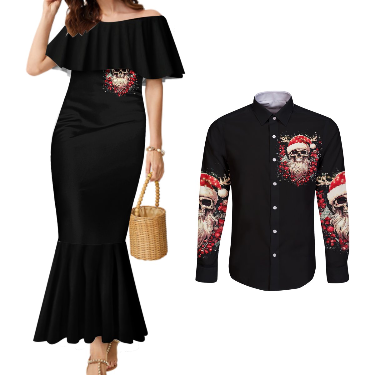 skull-santa-claus-couples-matching-mermaid-dress-and-long-sleeve-button-shirt-ho-ho-ho-madafakas