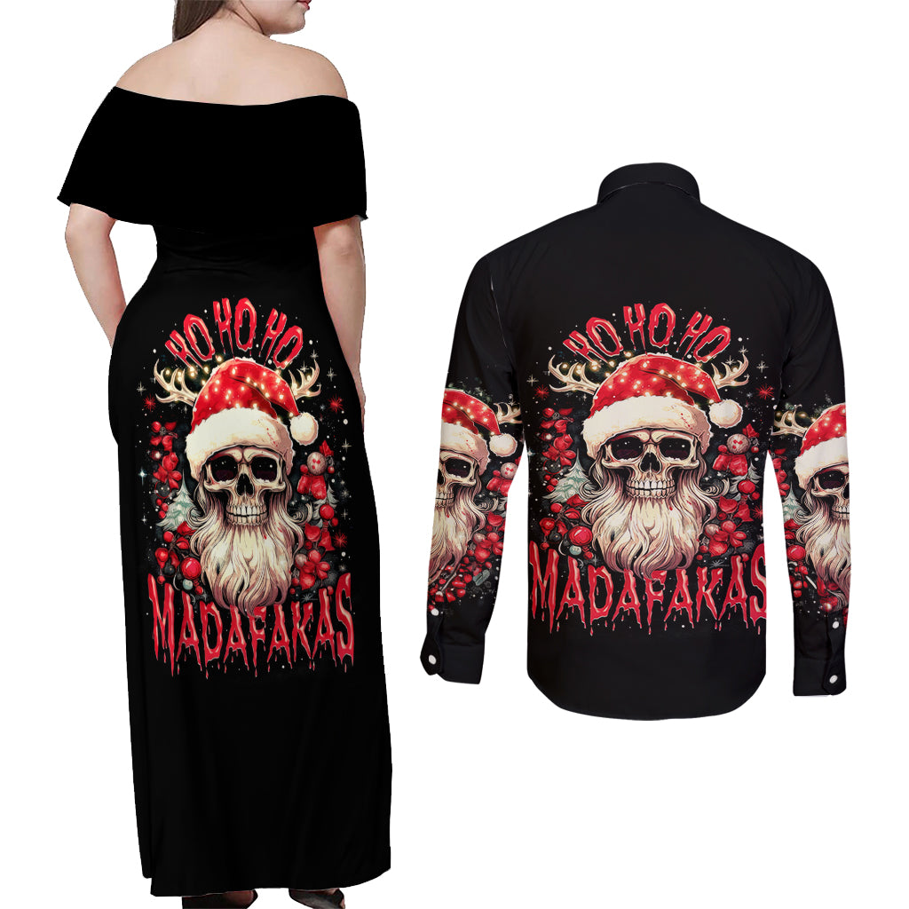 Skull Santa Claus Couples Matching Off Shoulder Maxi Dress and Long Sleeve Button Shirt Ho Ho Ho Madafakas - Wonder Print Shop
