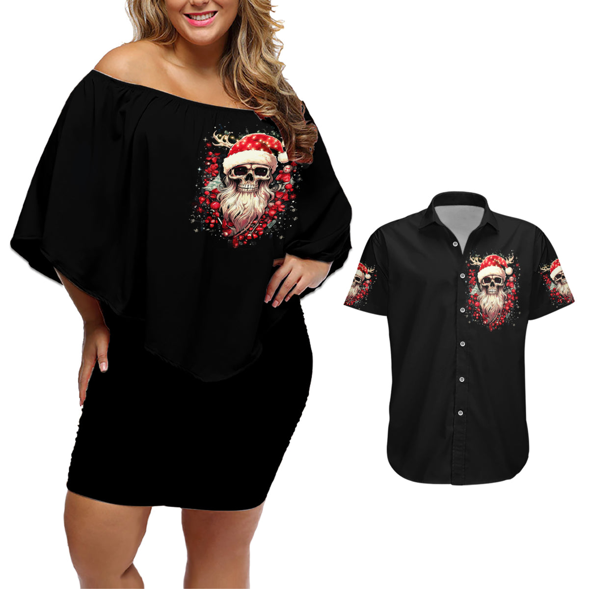 Skull Santa Claus Couples Matching Off Shoulder Short Dress and Hawaiian Shirt Ho Ho Ho Madafakas - Wonder Print Shop
