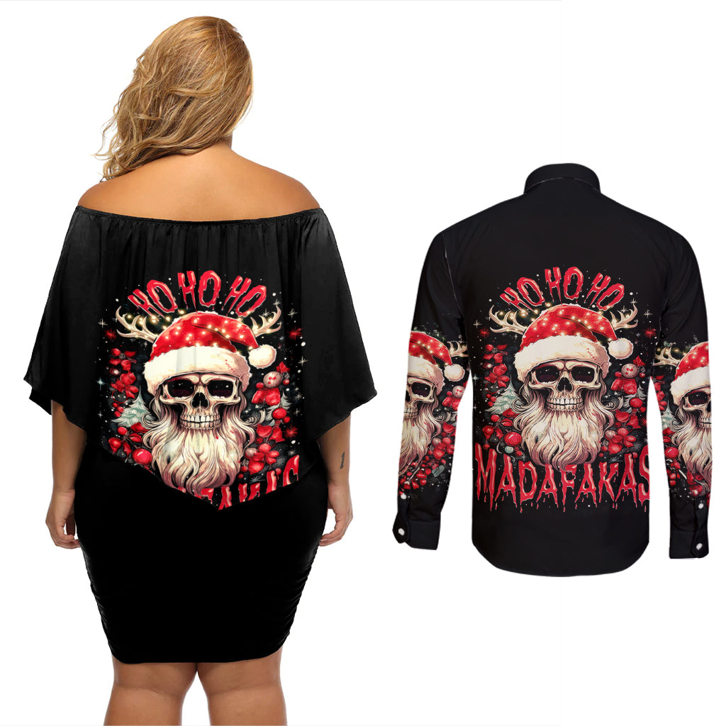 Skull Santa Claus Couples Matching Off Shoulder Short Dress and Long Sleeve Button Shirt Ho Ho Ho Madafakas - Wonder Print Shop