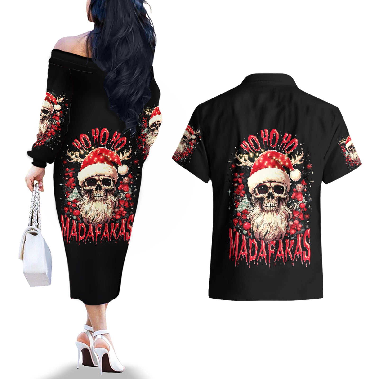 Skull Santa Claus Couples Matching Off The Shoulder Long Sleeve Dress and Hawaiian Shirt Ho Ho Ho Madafakas - Wonder Print Shop