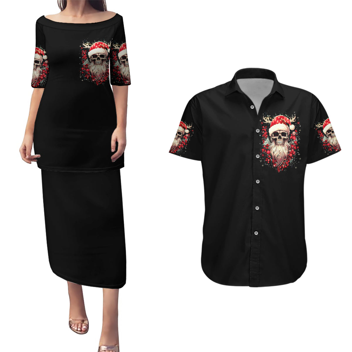 Skull Santa Claus Couples Matching Puletasi Dress and Hawaiian Shirt Ho Ho Ho Madafakas - Wonder Print Shop