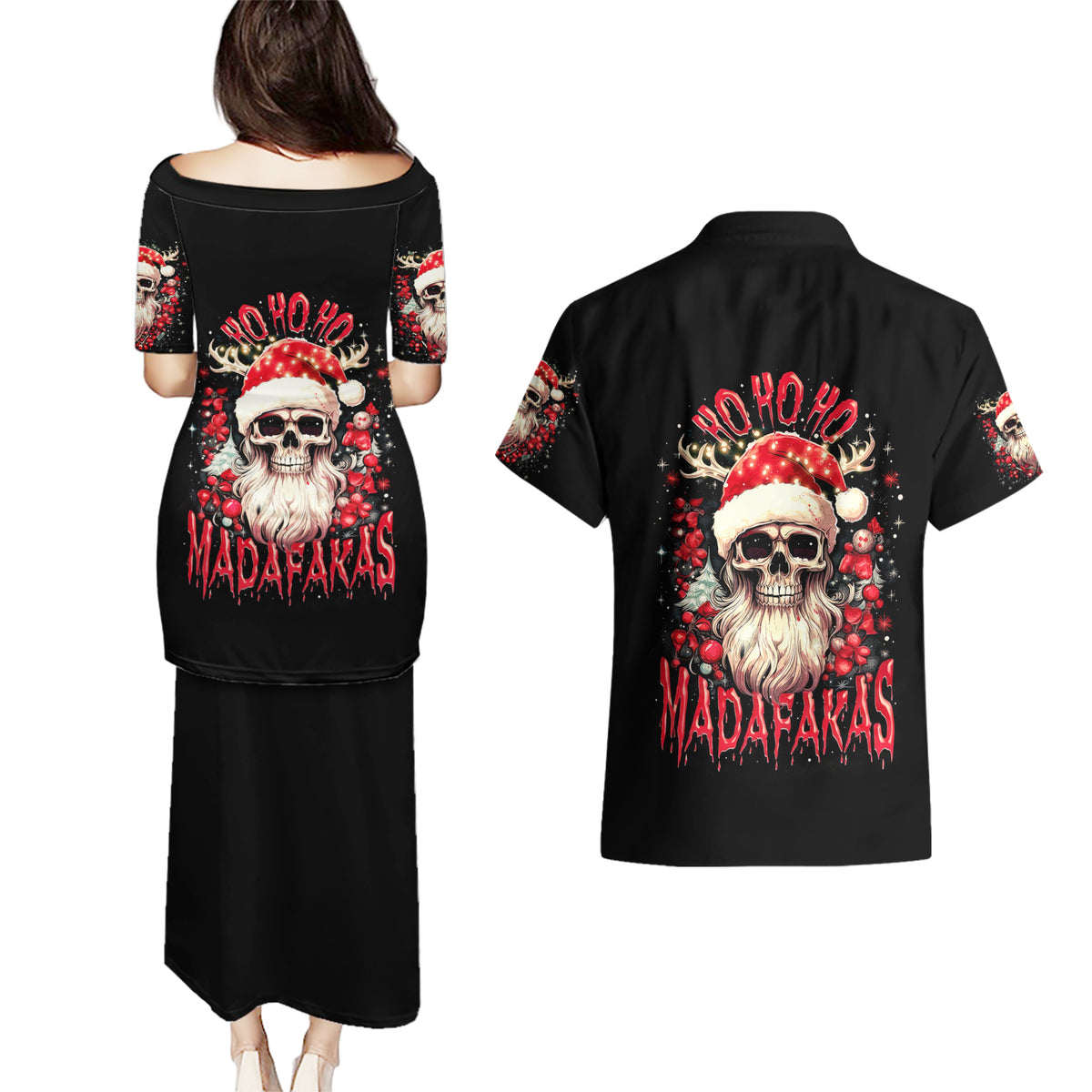 Skull Santa Claus Couples Matching Puletasi Dress and Hawaiian Shirt Ho Ho Ho Madafakas - Wonder Print Shop