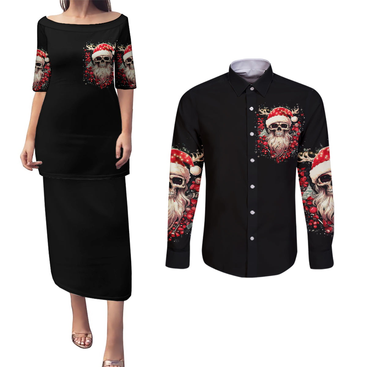 Skull Santa Claus Couples Matching Puletasi Dress and Long Sleeve Button Shirt Ho Ho Ho Madafakas - Wonder Print Shop