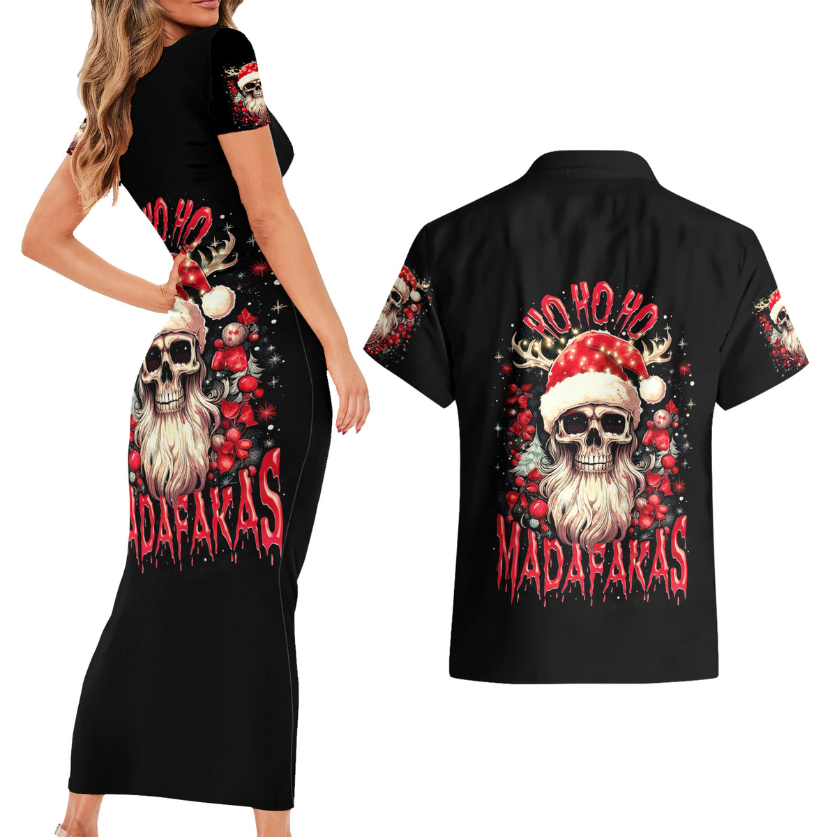 Skull Santa Claus Couples Matching Short Sleeve Bodycon Dress and Hawaiian Shirt Ho Ho Ho Madafakas - Wonder Print Shop