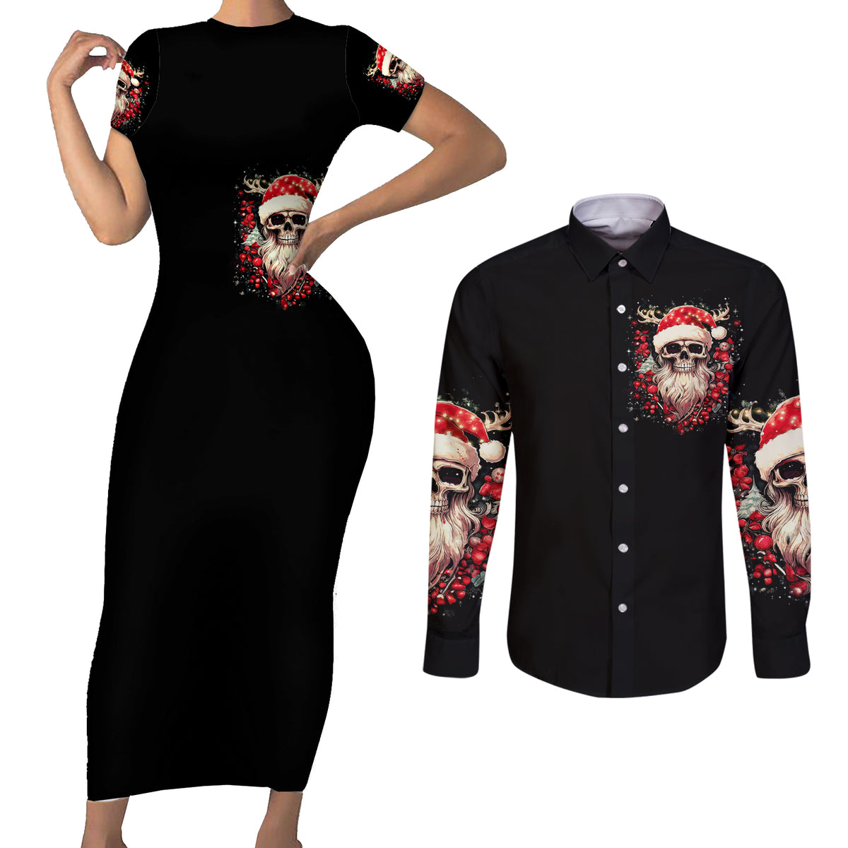 Skull Santa Claus Couples Matching Short Sleeve Bodycon Dress and Long Sleeve Button Shirt Ho Ho Ho Madafakas - Wonder Print Shop