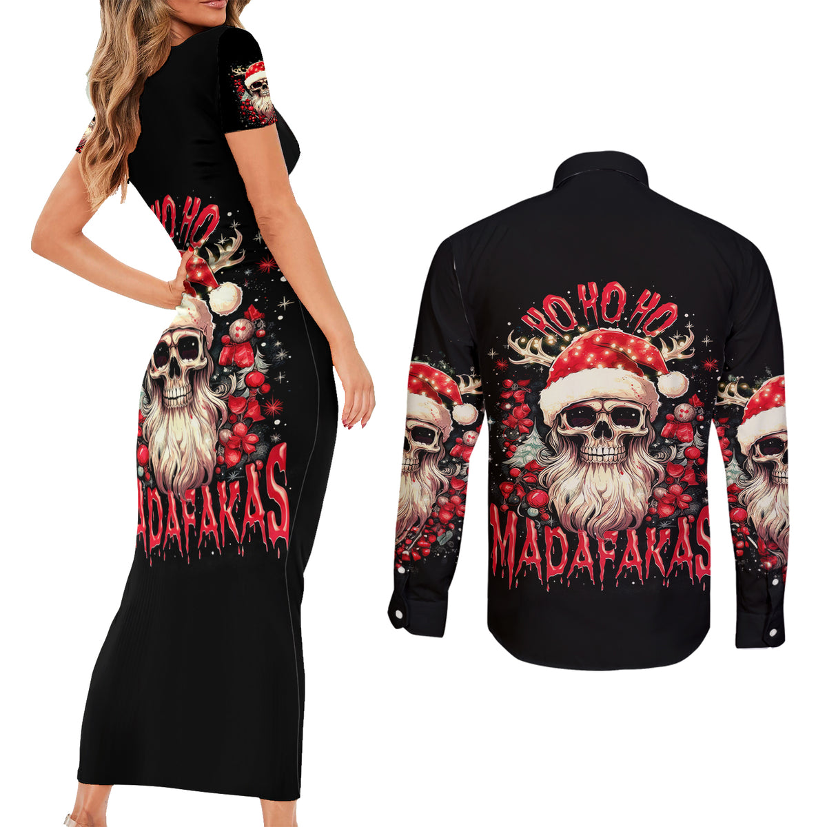 Skull Santa Claus Couples Matching Short Sleeve Bodycon Dress and Long Sleeve Button Shirt Ho Ho Ho Madafakas - Wonder Print Shop