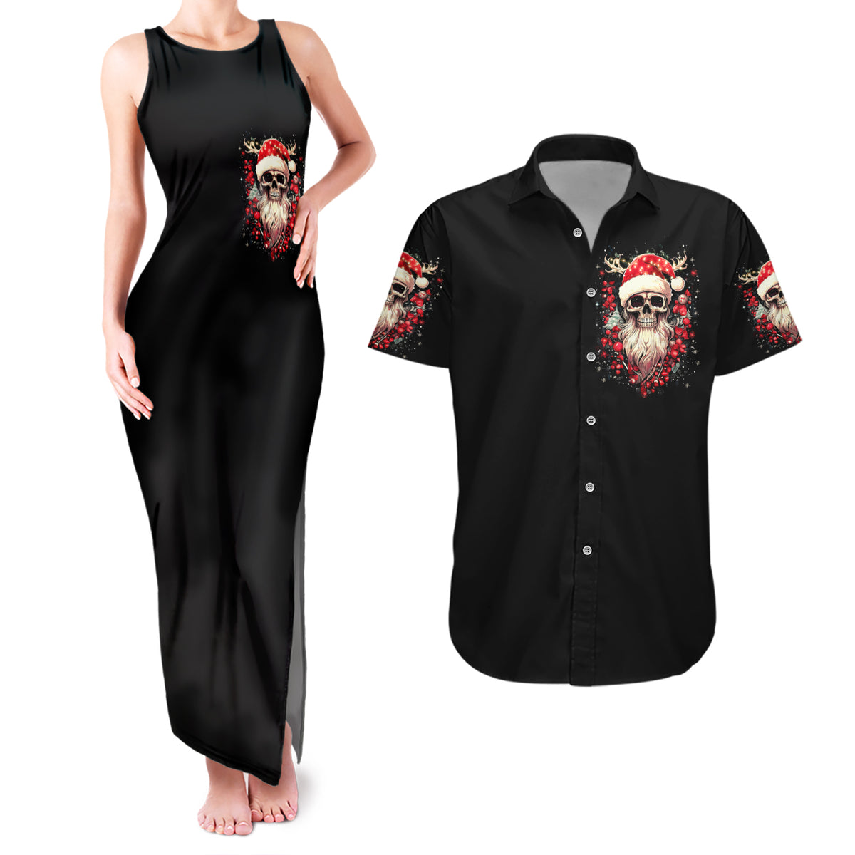 Skull Santa Claus Couples Matching Tank Maxi Dress and Hawaiian Shirt Ho Ho Ho Madafakas - Wonder Print Shop