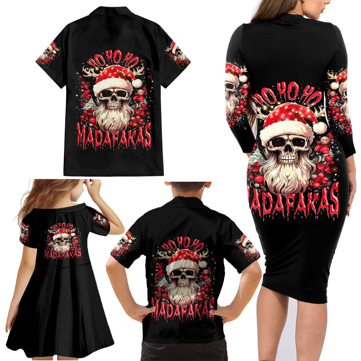 Skull Santa Claus Family Matching Long Sleeve Bodycon Dress and Hawaiian Shirt Ho Ho Ho Madafakas - Wonder Print Shop