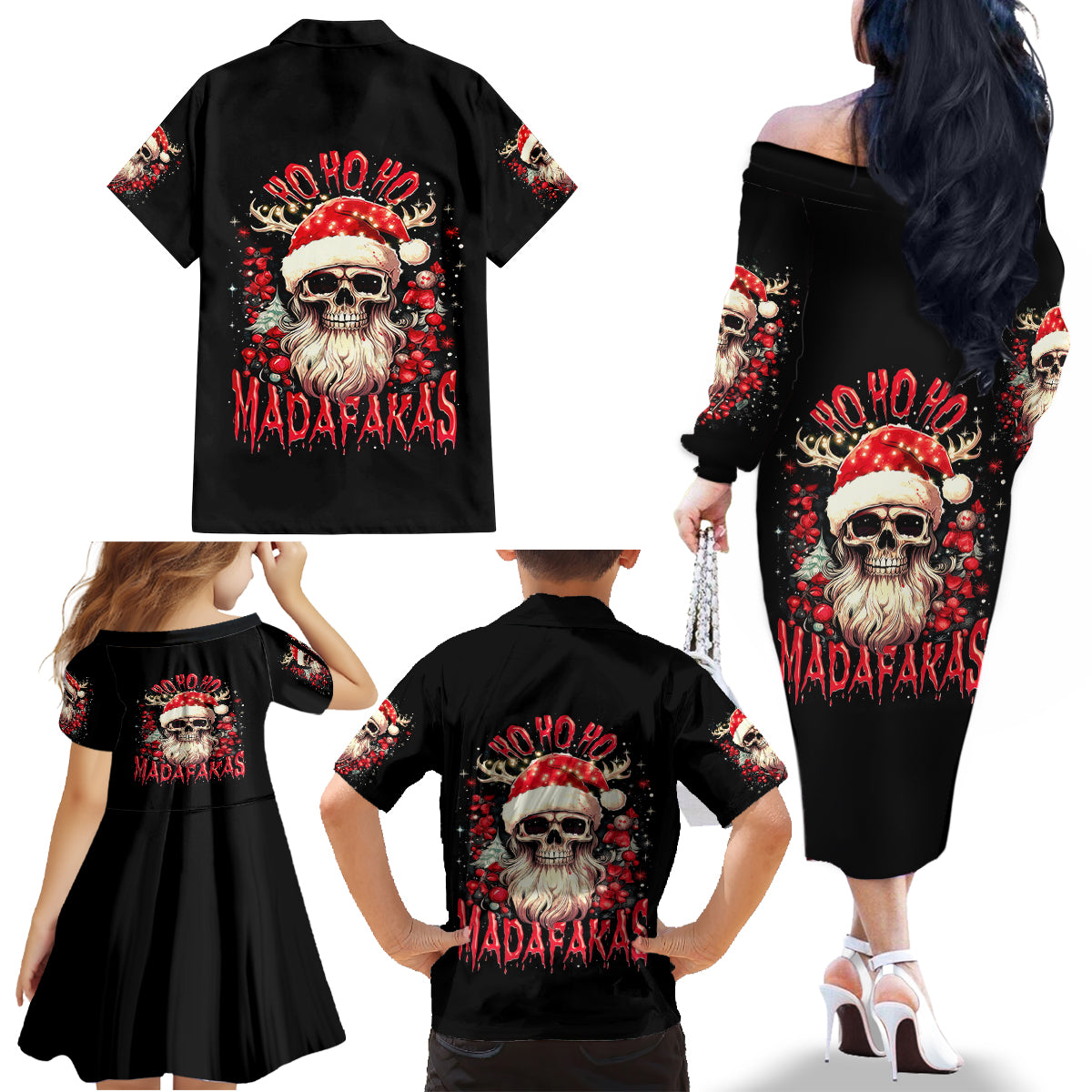 Skull Santa Claus Family Matching Off Shoulder Long Sleeve Dress and Hawaiian Shirt Ho Ho Ho Madafakas - Wonder Print Shop