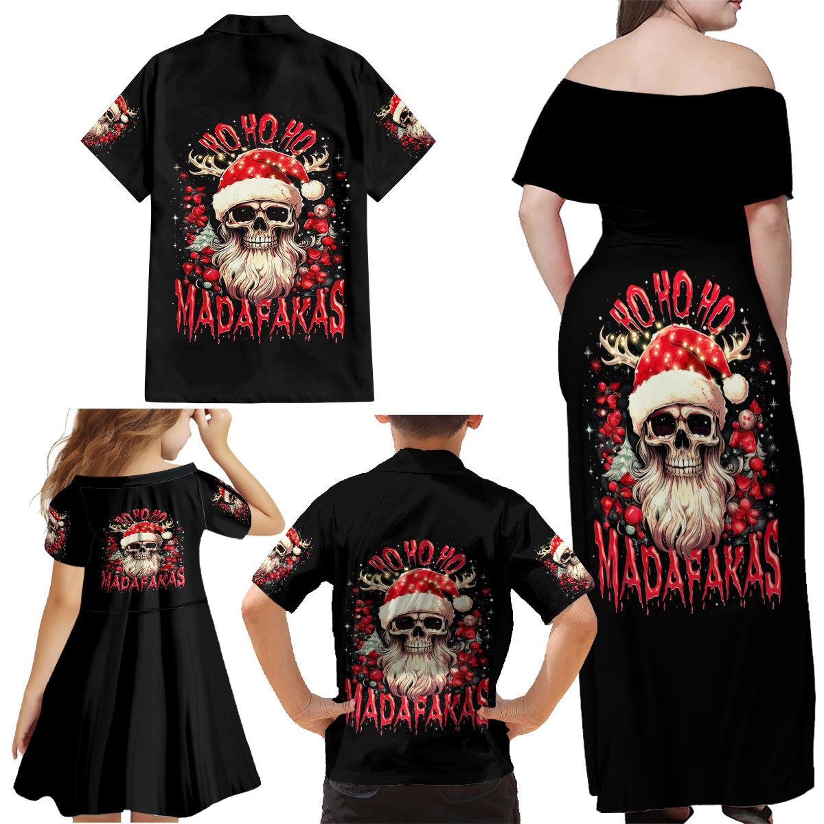 Skull Santa Claus Family Matching Off Shoulder Maxi Dress and Hawaiian Shirt Ho Ho Ho Madafakas - Wonder Print Shop
