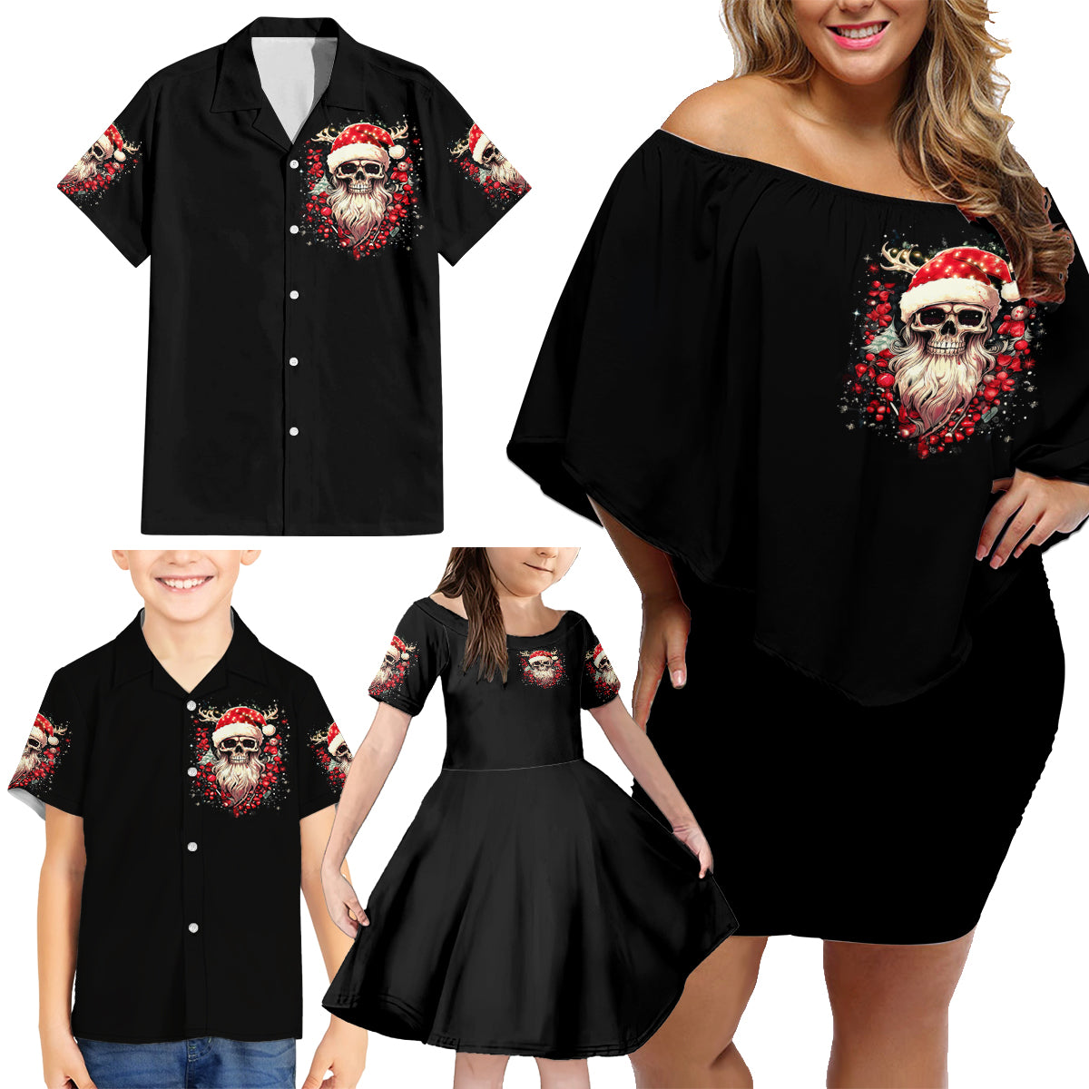 Skull Santa Claus Family Matching Off Shoulder Short Dress and Hawaiian Shirt Ho Ho Ho Madafakas - Wonder Print Shop