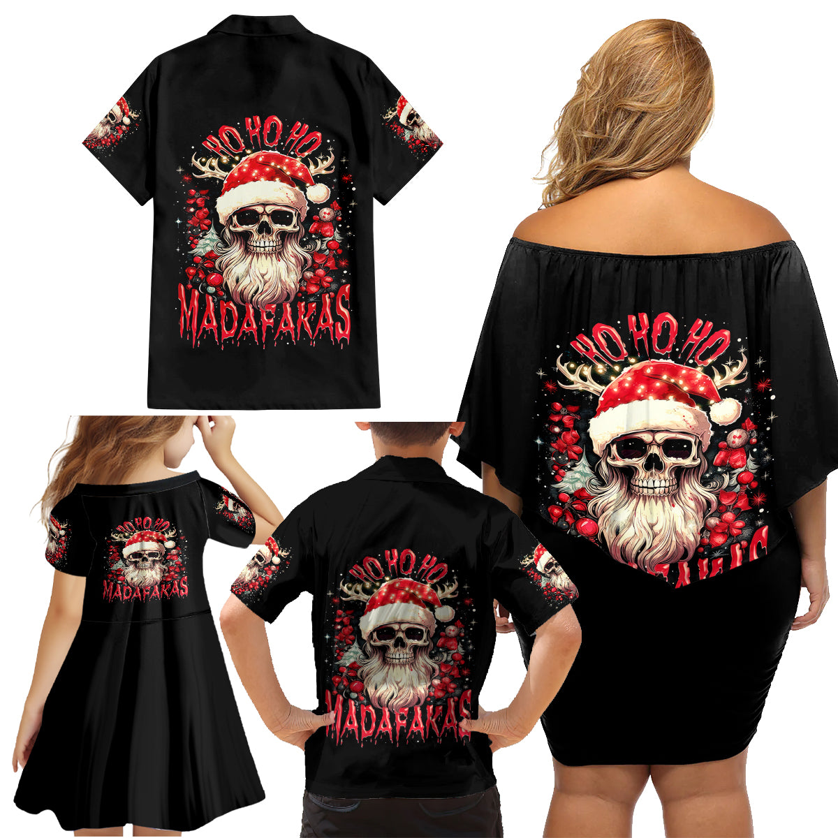 Skull Santa Claus Family Matching Off Shoulder Short Dress and Hawaiian Shirt Ho Ho Ho Madafakas - Wonder Print Shop