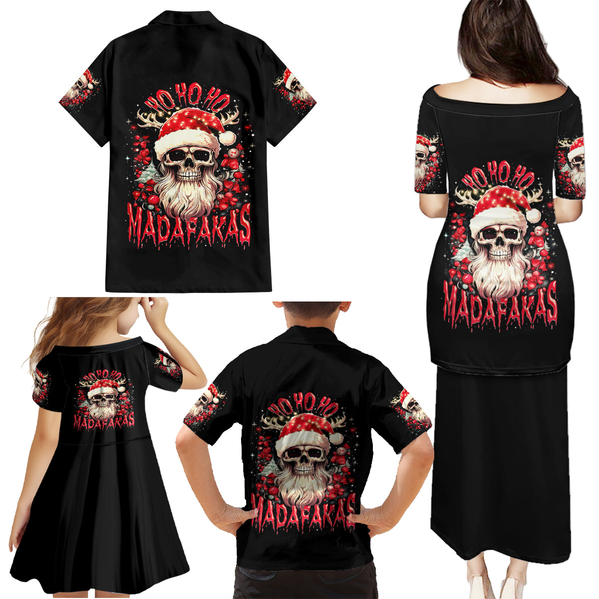 Skull Santa Claus Family Matching Puletasi Dress and Hawaiian Shirt Ho Ho Ho Madafakas - Wonder Print Shop