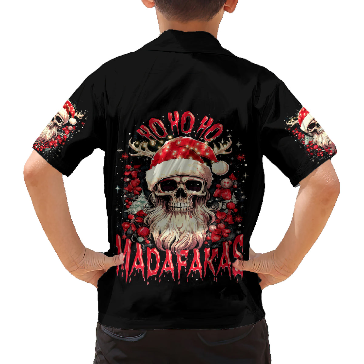 Skull Santa Claus Family Matching Short Sleeve Bodycon Dress and Hawaiian Shirt Ho Ho Ho Madafakas - Wonder Print Shop