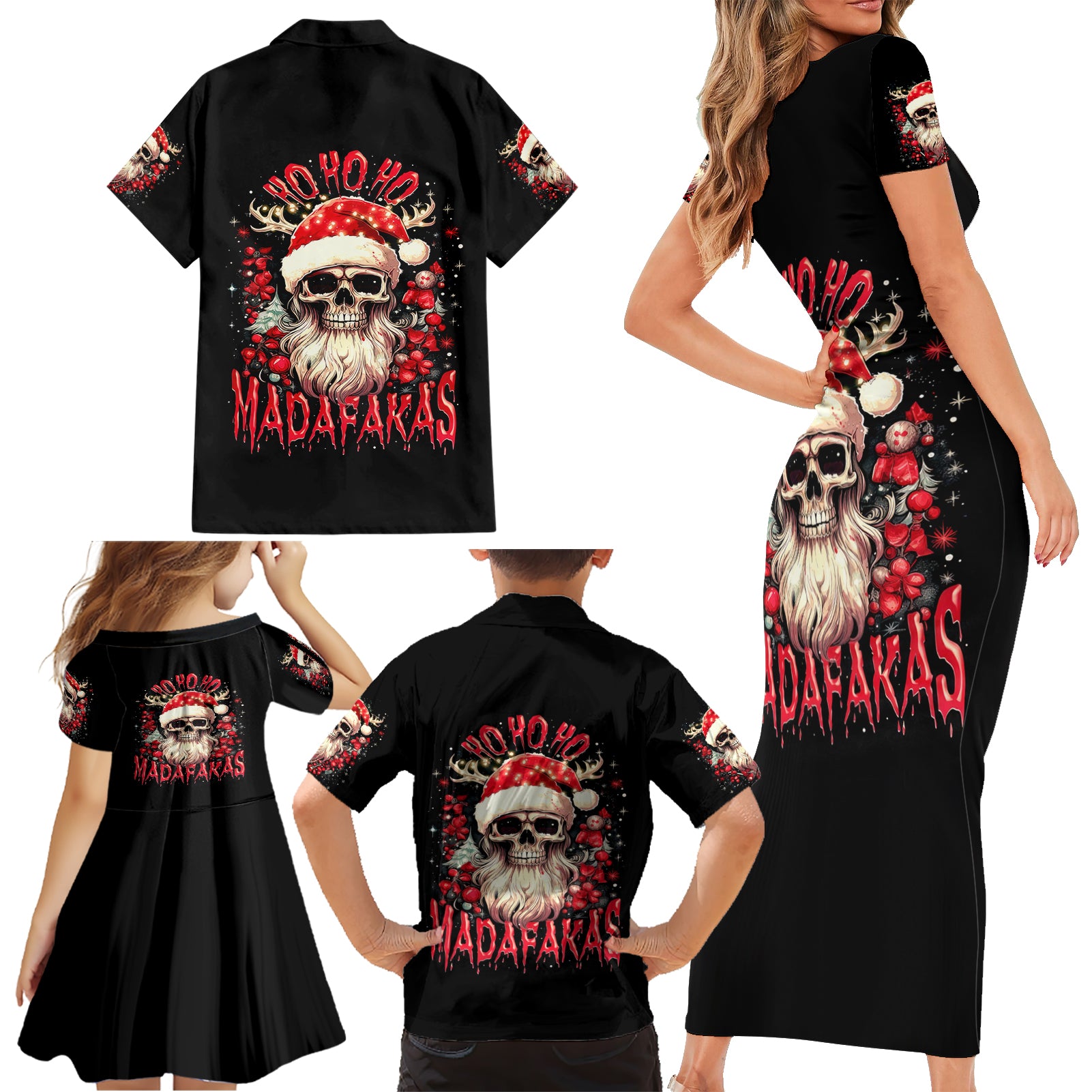 Skull Santa Claus Family Matching Short Sleeve Bodycon Dress and Hawaiian Shirt Ho Ho Ho Madafakas - Wonder Print Shop