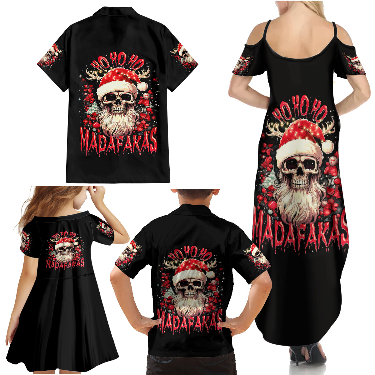 Skull Santa Claus Family Matching Summer Maxi Dress and Hawaiian Shirt Ho Ho Ho Madafakas - Wonder Print Shop