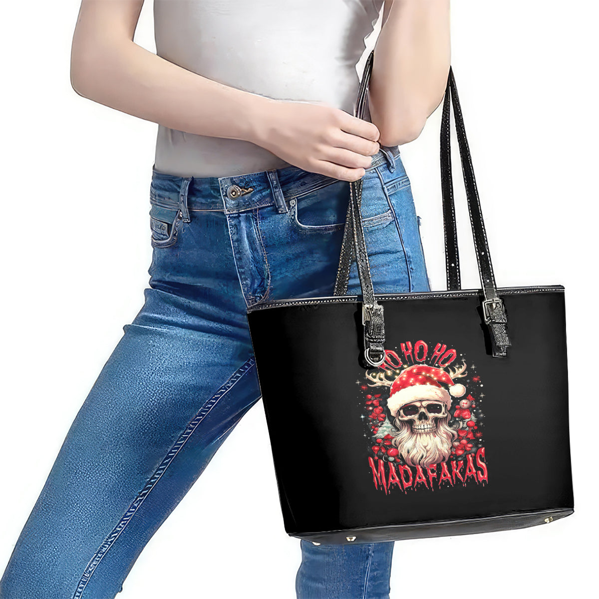 Skull Santa Claus Leather Tote Bag Ho Ho Ho Madafakas - Wonder Print Shop