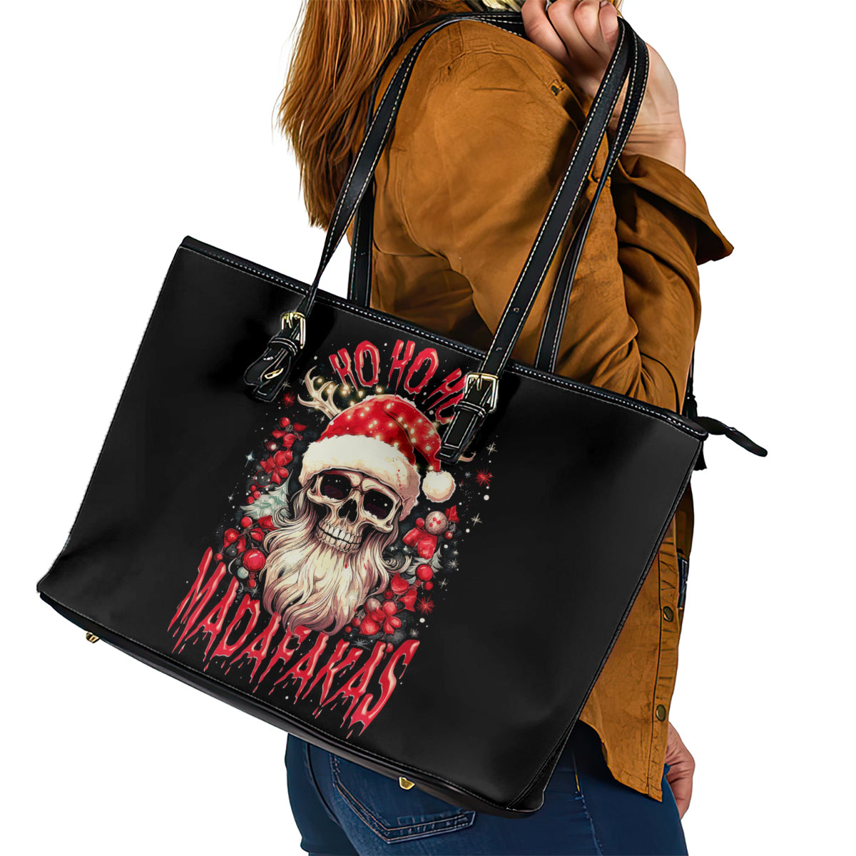 Skull Santa Claus Leather Tote Bag Ho Ho Ho Madafakas - Wonder Print Shop
