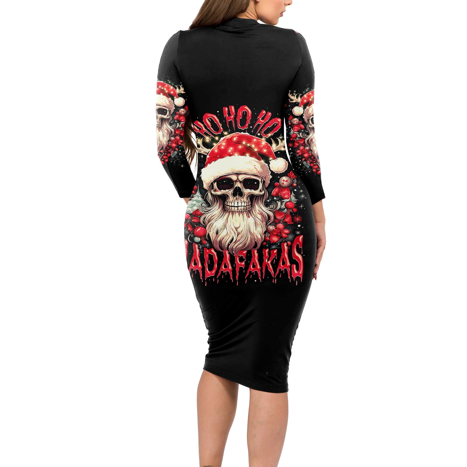 Skull Santa Claus Long Sleeve Bodycon Dress Ho Ho Ho Madafakas - Wonder Print Shop