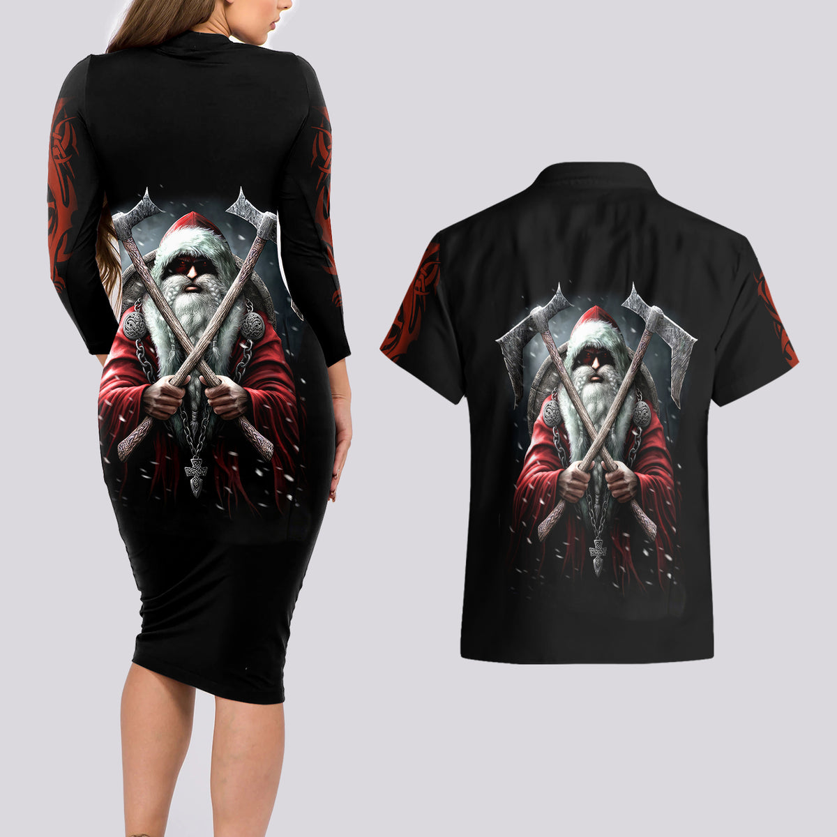 Viking Santa Claus Couples Matching Long Sleeve Bodycon Dress and Hawaiian Shirt Vahalla Santa Clau Coming - Wonder Print Shop