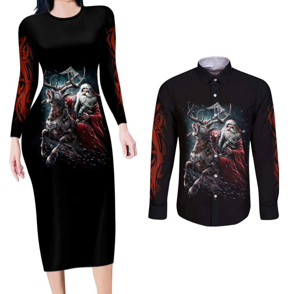 Viking Santa Claus Couples Matching Long Sleeve Bodycon Dress and Long Sleeve Button Shirt Vahalla Santa Clau Coming - Wonder Print Shop
