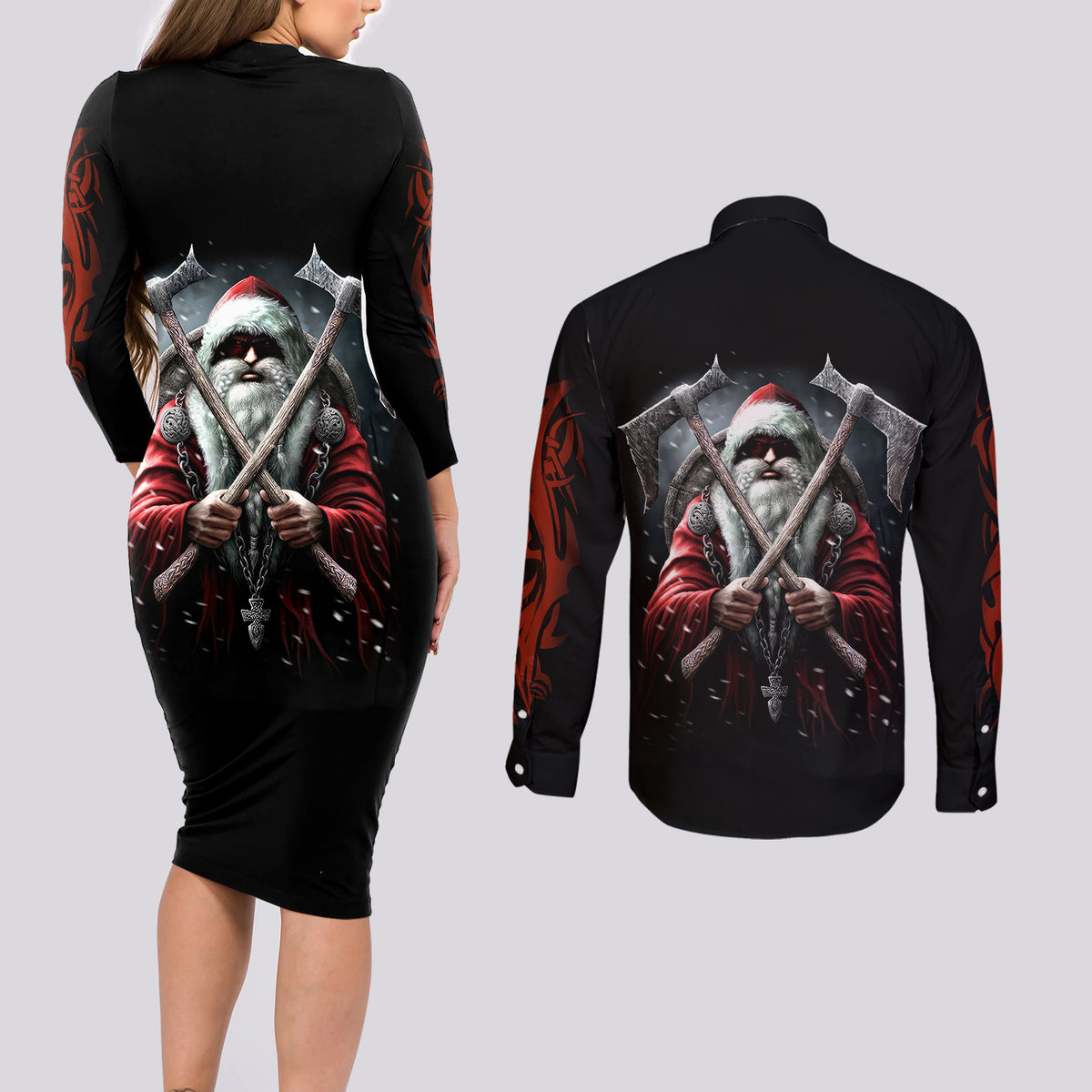 Viking Santa Claus Couples Matching Long Sleeve Bodycon Dress and Long Sleeve Button Shirt Vahalla Santa Clau Coming - Wonder Print Shop
