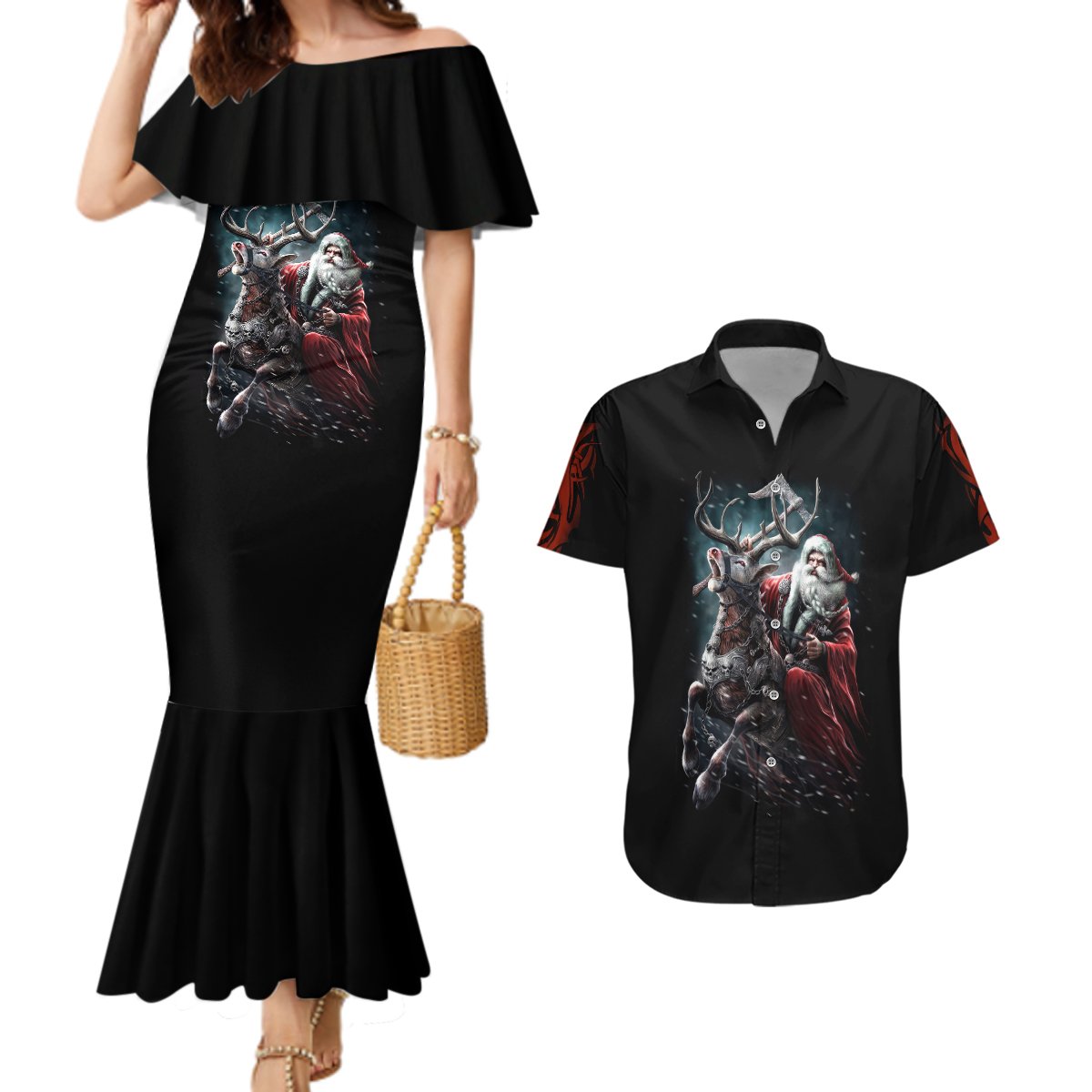 Viking Santa Claus Couples Matching Mermaid Dress and Hawaiian Shirt Vahalla Santa Clau Coming - Wonder Print Shop