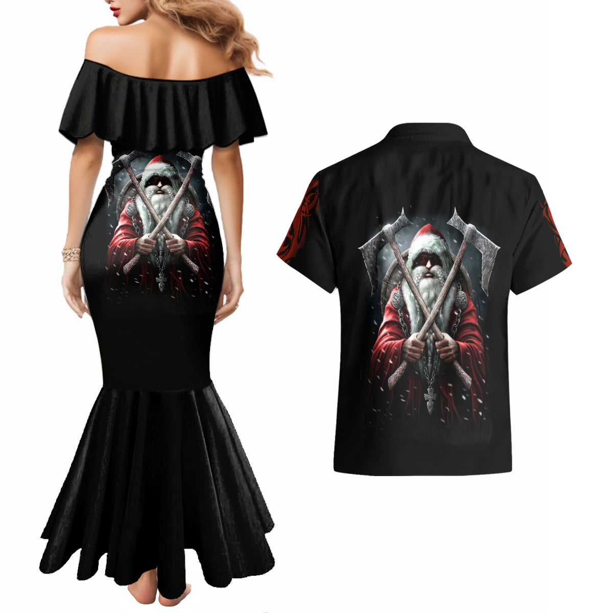 Viking Santa Claus Couples Matching Mermaid Dress and Hawaiian Shirt Vahalla Santa Clau Coming - Wonder Print Shop