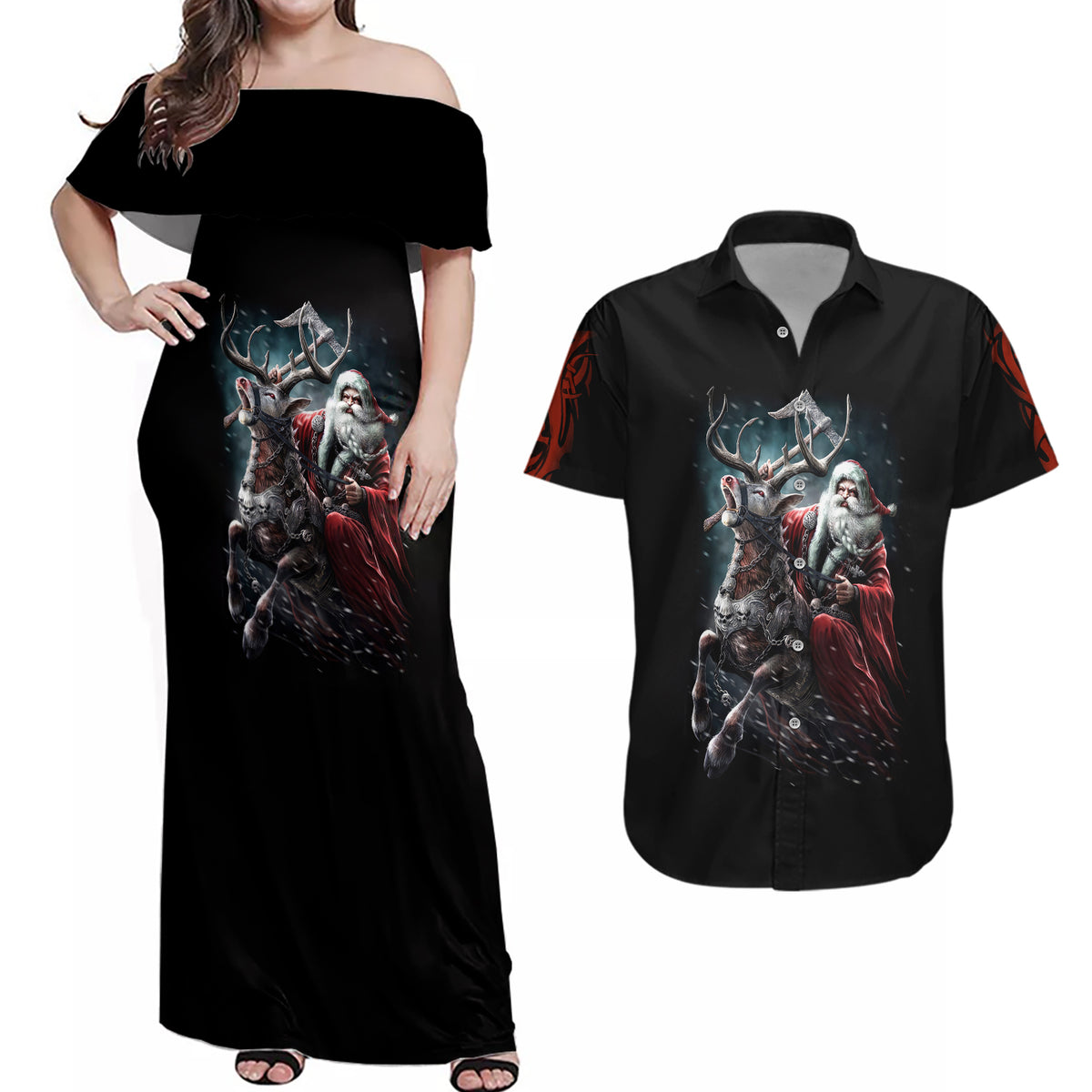 Viking Santa Claus Couples Matching Off Shoulder Maxi Dress and Hawaiian Shirt Vahalla Santa Clau Coming - Wonder Print Shop